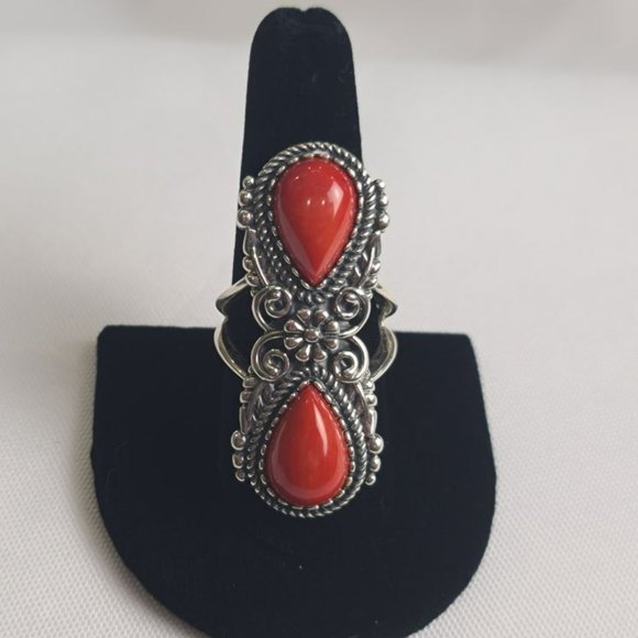 🌵 CAROLYN POLLACK AMERICAN WEST Red Coral .925 Sterling Western Flair  Sz 9🔥 - Picture 4 of 10